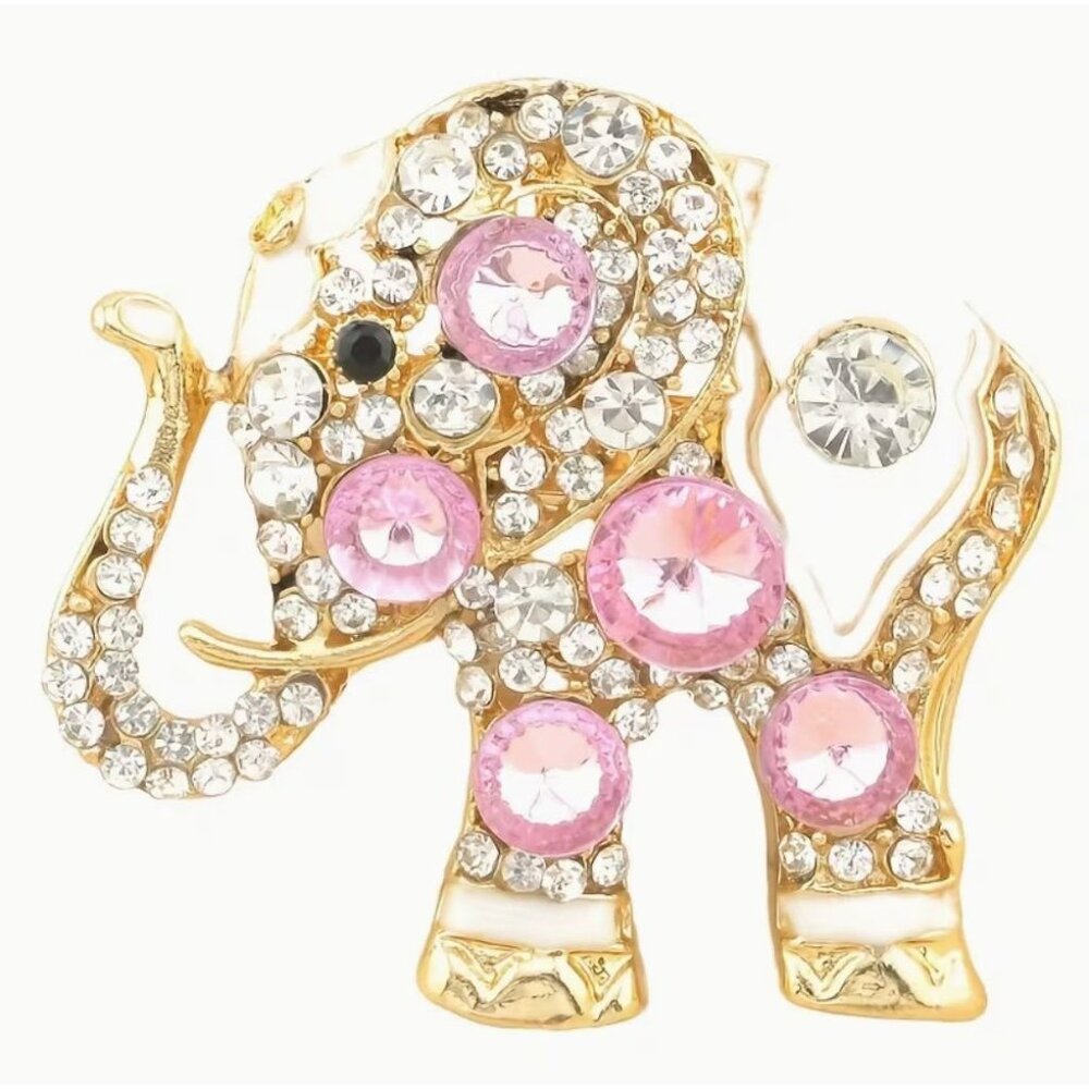 Betsey Johnson Pink Rivoli Crystal Elephant Brooch Gold-Tone